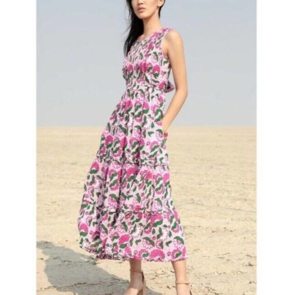 Banjanan Pink Floral Maxi Dress with Green Leaf Print